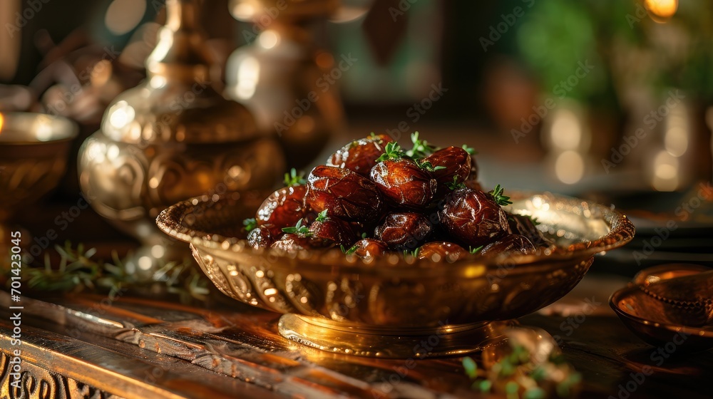 Ramadhan foods, dates fruits in a golden bowl