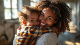 Cute African American little child hug cuddle excited young black mum show love and affection, smiling mother and funny small preschooler kid have fun at home embrace sharing close tender moment 