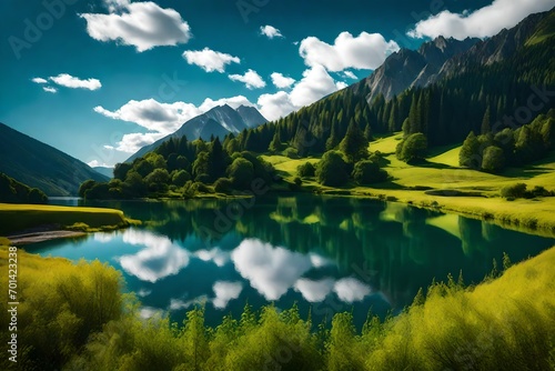 Mountain, Hill, Landscape, Beautiful Wallpaper, Water, Green, Blue, Green, Grass, Tree, Blue Sky, Yellow, Pond, Lake, River, Large, Full HD, 4k, 8k, Large image, Nice Photography.  © Mehr