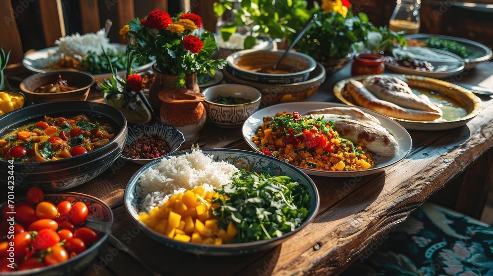 Various Asian foods on the table.