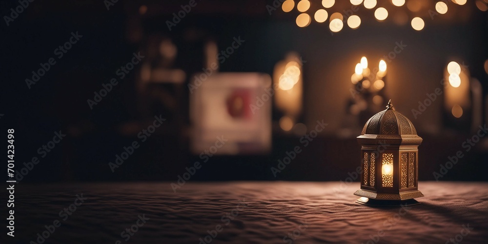 Ornamental Arabic lantern with burning candle glowing at night. Festive greeting card, invitation for Muslim holy month Ramadan Kareem. - obrazy, fototapety, plakaty 