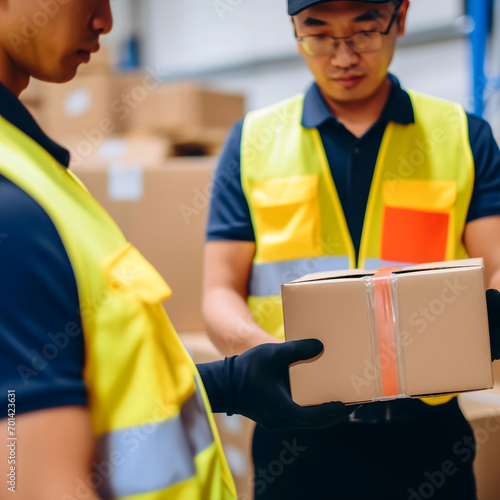 workers in yellow safety vests, working in a logistics warehouse and delivering parcels 