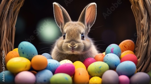 Closeup Easter bunny on basket with many colorful Easter eggs in nature background. AI generated