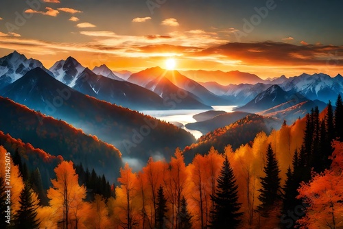 At the break of dawn, imagine the Autumn mountains draped in a surreal radiance, as if touched by the divine.
