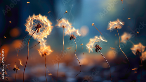 A dandelion's delicate seeds caught in a gradient breeze.