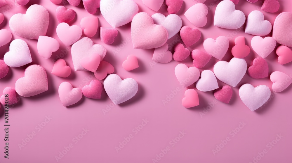 Top view many 3d pink hearts shaped isolated background. Generate AI image