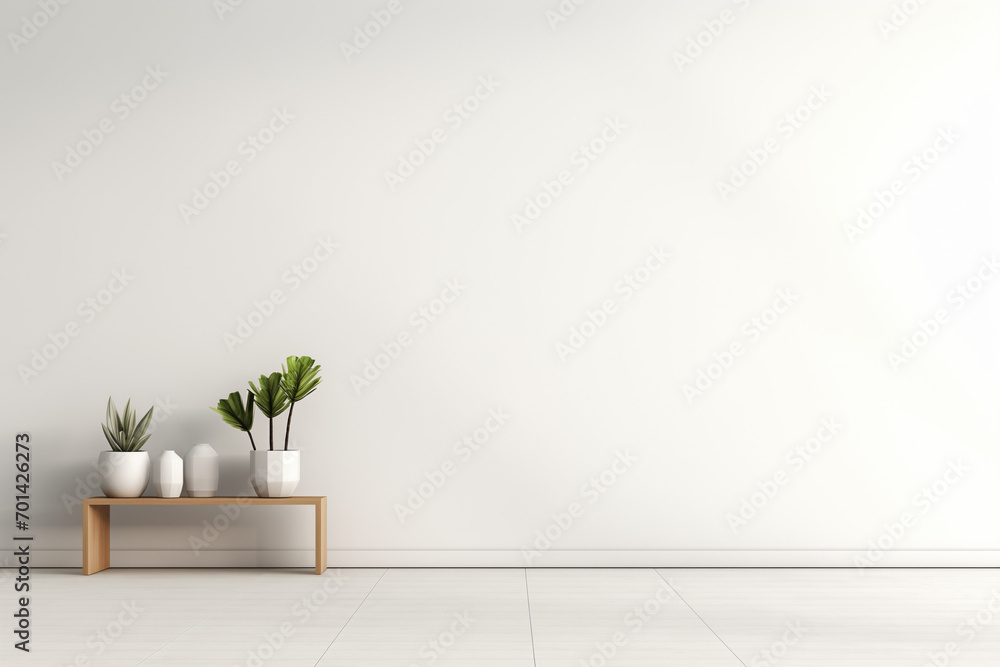 Rubber fig plant in a living room, Plant against a white wall mockup. White wall mockup with brown curtain, plant and wood floor. 3D illustration, Generative AI