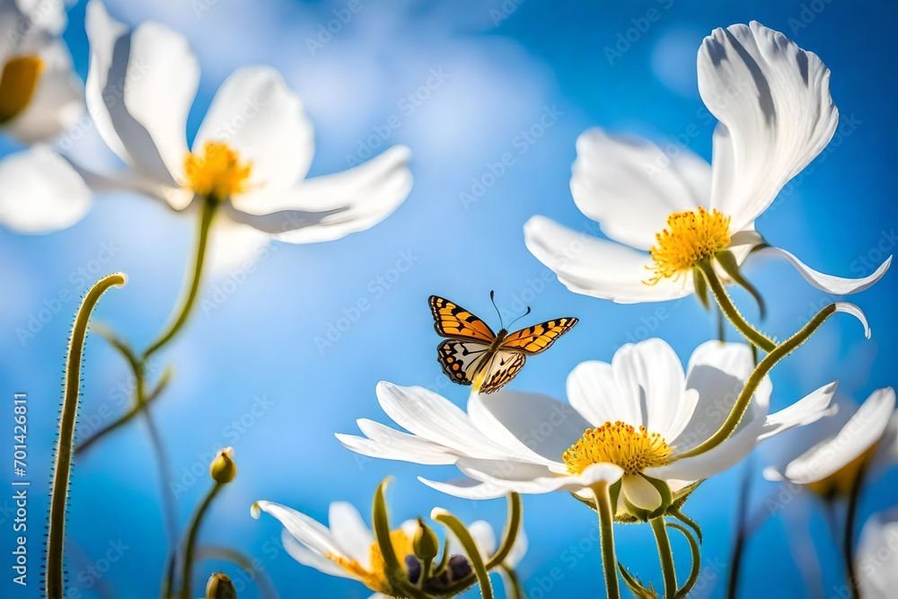 Detail with shallow focus of white anemone flower with yellow stamens and butterfly in nature macro on background of blue sky with beautiful bokeh. Delicate artistic image of beauty of nature.
