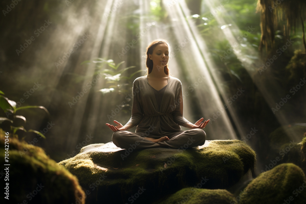 Healthy lifestyle, states of mind, hobbies and leisure concept. Woman meditating or making yoga in dense enchanted forest or jungle and illuminated with sunlight
