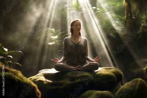 Healthy lifestyle, states of mind, hobbies and leisure concept. Woman meditating or making yoga in dense enchanted forest or jungle and illuminated with sunlight