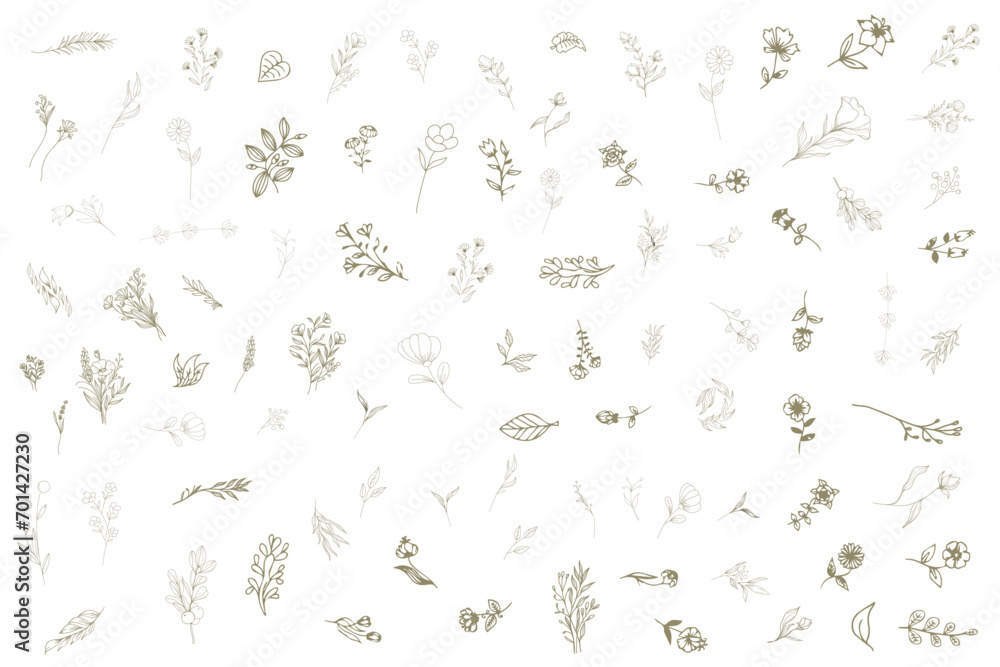 Hand drawn minimal line art floral elements style. Vector illustration of greenery for decoration, wild and garden plants, branches, leaves. logo, tattoo, wedding invitation, save the date card Hand drawn minimal line art floral elements style. Vector illustration of greenery for decoration, wild and garden plants, branches, leaves. logo, tattoo, wedding invitation, save the date card