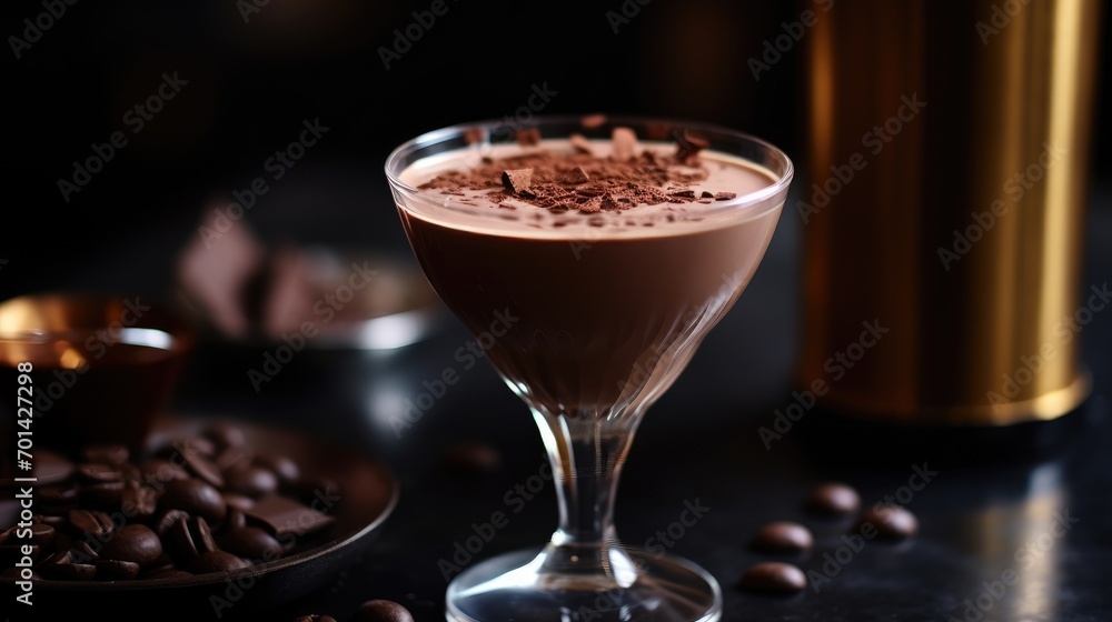 A glass of chocolate cocktail on the table on a dark background. A delicious drink. A cozy winter drink with chocolate and coffee. A glass of chocolate cocktail on the table on a dark background. A delicious drink. A cozy winter drink with chocolate and coffee.