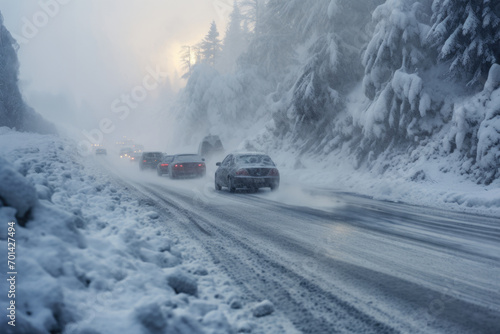 Traffic jam on mountain road caused by heavy snowfall. Snowstorm on the roads.Natural disasters and snowfalls. © dargog