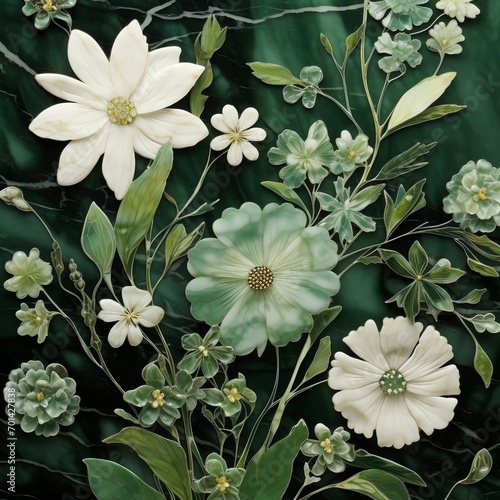 Lush Pietra dura flowers in lush green tones reflect on marble  their vibrant shades creating a verdant and refreshing oasis on the stone.
