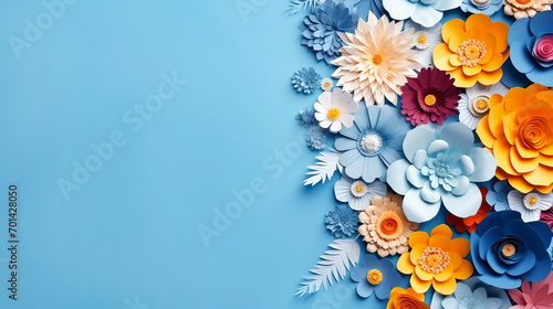 Frame of flowers cut out of paper on blue background, greeting card, blank space for text on the left © Elena