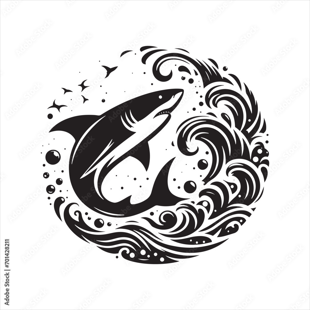 Naklejka premium Starry Sleuth: Shark Silhouette on a Celestial Quest - Shark Black Vector Stock