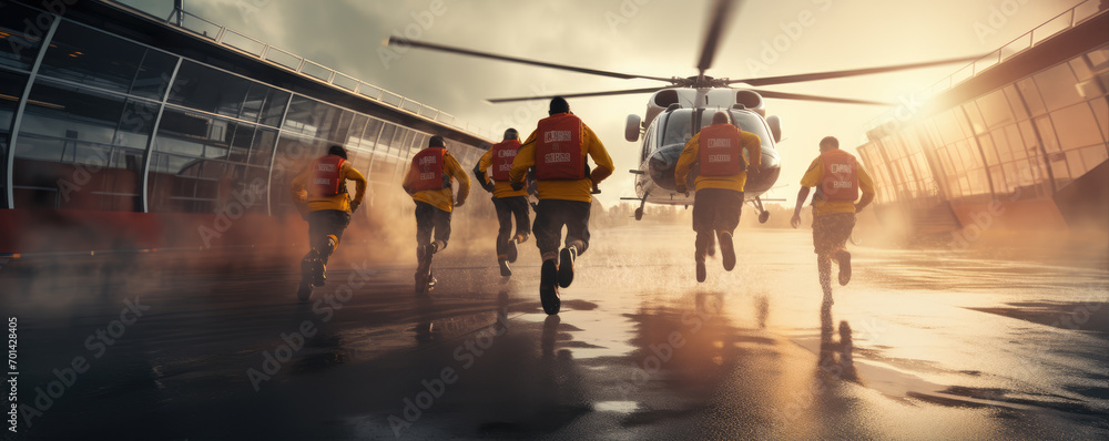 Obraz premium A team of the rescue in front of the helicoter .