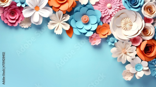 Frame of flowers cut out of paper on blue background, greeting card, blank space for text on the left