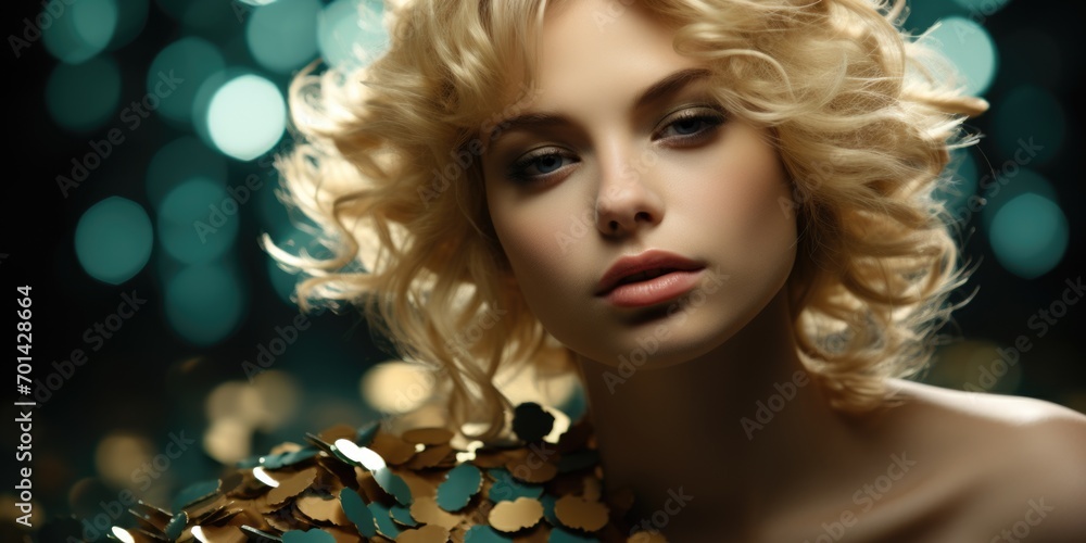 Fototapeta premium A woman with blonde hair wearing a gold dress. She's a glam goddess in green, captivating St. Patrick Day with elegance and style