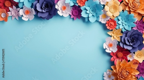 Frame of flowers cut out of paper on blue background, greeting card, blank space for text on the left photo
