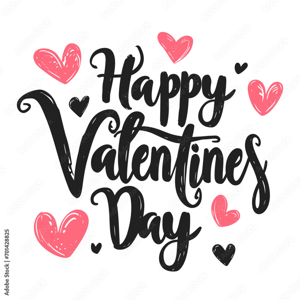 Happy Valentine's Day. Hand-drawn lettering card with hearts. Vector illustration.