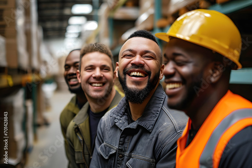 Group portrait of mixed race men working in warehouse laughing photo
