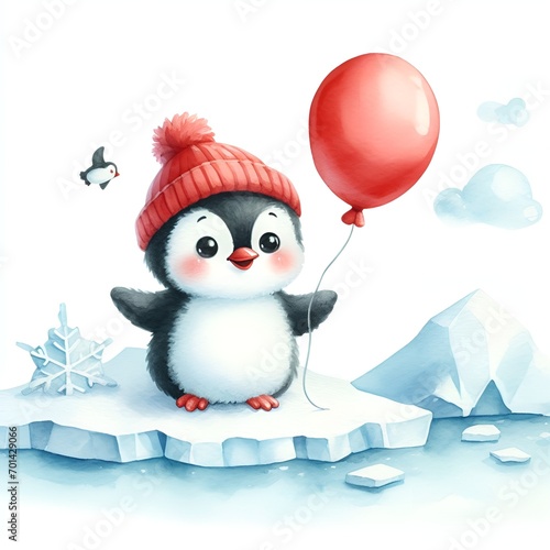 Watercolor paint cute penguin with red balloon on an ice floe for winter card decor