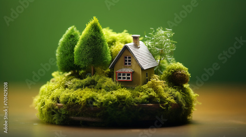 Eco House In Green Environment Earth Day, Miniature House on Grass. grass with sunlight abstract background, Generative Ai
