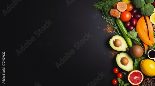 Asian food background with various ingredients on rustic stone background, Dark cooking banner. Vegetables and spices on the kitchen table. Top view. Free space for your text, Generative ai