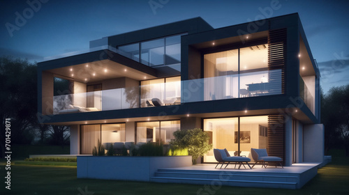 Modern smart home, against the background high-rise buildings, smart house full of technology inside a penthouse, newly constructed homes with solar panels on the roof under a bright sky Generative Ai