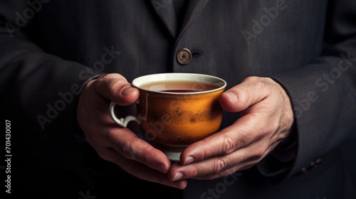 Closeup a person hands holding a cup tea drink for relaxation. AI generated image