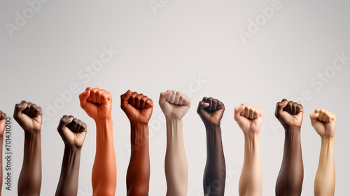 Many hands of different races and ethnicities. United for equality: Diverse youth fighting against discrimination, multiethnic hands of different races Generative AI 