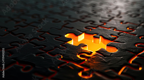 Radiant Connection: Glowing Orange Puzzle Piece on Ebony Canvas. Generative AI photo