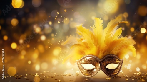 Luxury carnival mask with yellow feathers on gold blurred background. AI generated image
