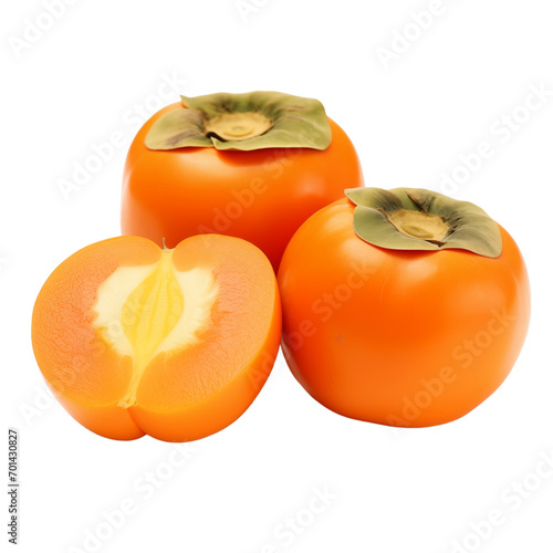 fresh organic fuyu persimmon cut in half sliced with leaves isolated on white background with clipping path photo