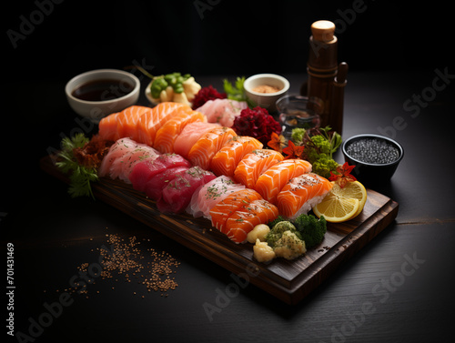 Bandeja de sashimi, sushi, comida japonesa, salmón y atún, soya, wasabi, limón, presentación de un menú degustación, visto de lado, nuevo plato restaurante, fondo negro, oscuro, foto para carta, web