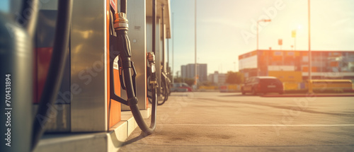 Colorfull fuel gasoline dispenser background. Fuel pumps station close up, copy space, Gas station with clouds and blue sky, Man handle pumping gasoline, Generative AI photo