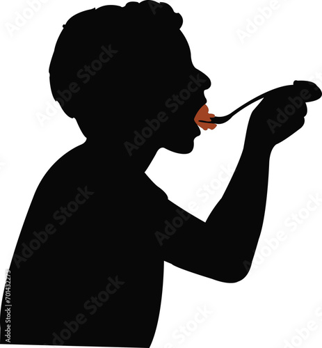 a boy eating food, silhouette vector