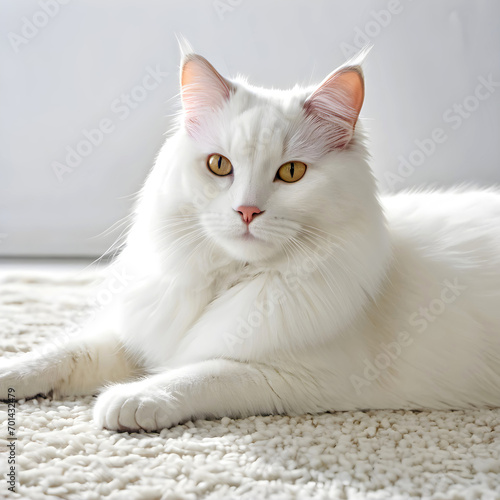 A pretty white cat lying on white carpet with a white wall background