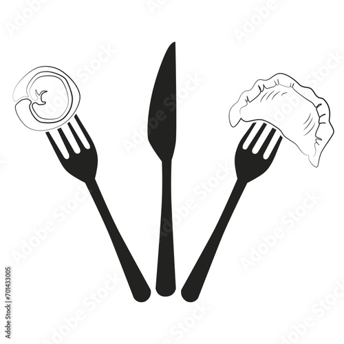 Dumpling, knife and fork vector illustration. Logo for a cafe or restaurant. Dumpling on a fork. Black and white drawing for the dining room. Menu art.