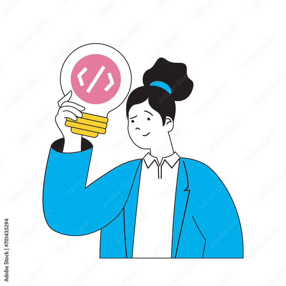 Design development concept with cartoon people in flat design for web. Woman generates ideas for visualization and searching solution. Vector illustration for social media banner, marketing material. Design development concept with cartoon people in flat design for web. Woman generates ideas for visualization and searching solution. Vector illustration for social media banner, marketing material.