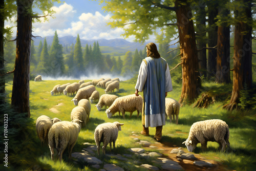 Stampa su tela Jesus Christ, the good shepherd and sheep at the grove