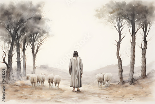 Jesus Christ, the good shepherd and sheep at the grove. AI generative photo