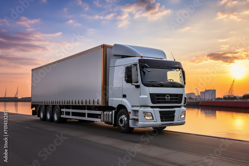 Semi-truck transportation shipping lorry and delivery freight at logistic center cargo, Commercial business. Generative AI