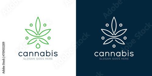 Creative Cannabis Logo. Green Leaves, Healthcare, CBD Oil with Linear Outline Style. Weed Hemp Logo Icon Symbol Vector Design Template.