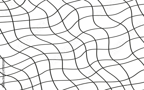 Illustration of a black fishing or football net.Checkered wavy background in doodle style.