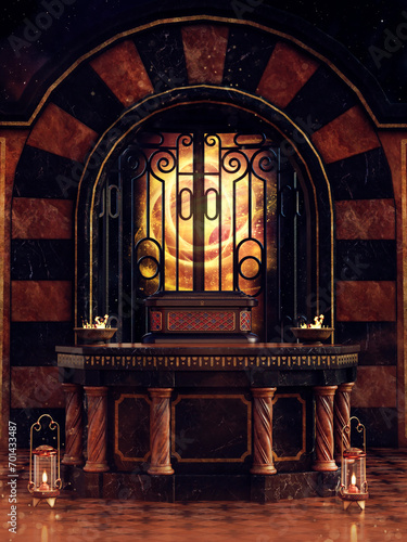 Fantasy scene with a steampunk temple with an altar, fire burners and lamps. Made from 3d elements and painted parts. No AI used. 