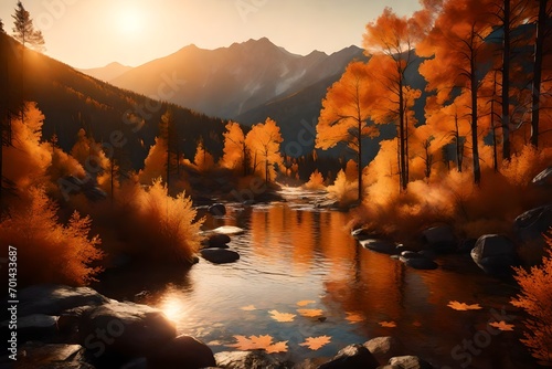 As the sun kisses the horizon  visualize Autumn mountains bathed in a warm  cinematic glow. The HD camera captures