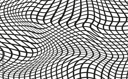 Illustration of a black fishing or football net.Checkered wavy background in doodle style.