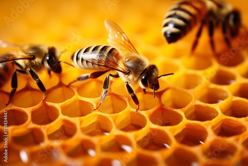 bees diligently tending to honey cells on the honeycomb. This captivating image showcases the industrious work of bees as they contribute to the creation of golden honey